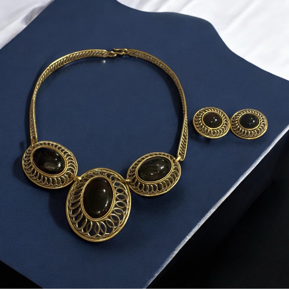 Vintage Artisan Artist Signed IXEL Metals & Black Oval Necklace & Clip Earrings